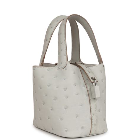 Hermes Micro Picotin 14 Gris Perle Ostrich Palladium Hardware.